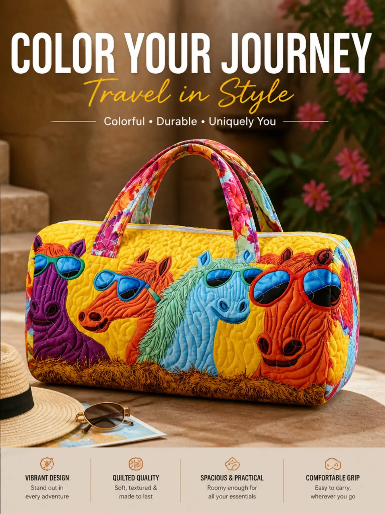 Funny Horse Print Quilted Handbag, Large Capacity Soft Quilted Weekend Travel Bag, Lightweight Overnight Fitness Luggage, Ideal for Outdoor Trips