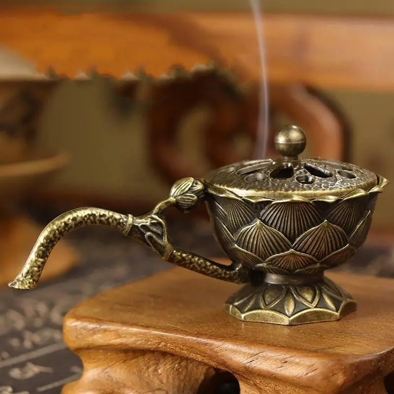 New Traditional Lotus Handheld Incense Burner, Portable Zinc Alloy Incense Holder, Home Meditation Relaxation Aroma Tool, Vintage Desk Decor