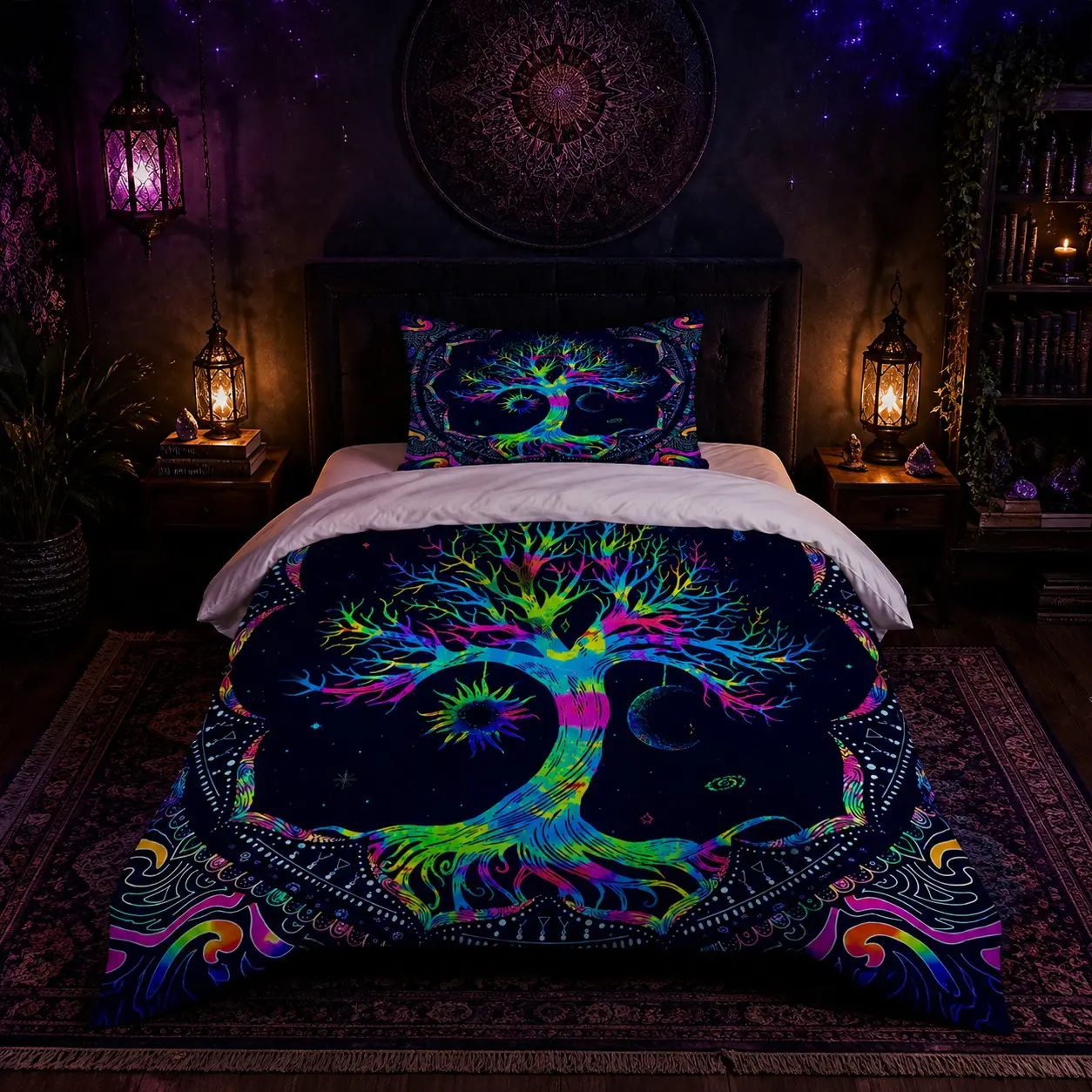 2/3-Piece Tree of Life Duvet Cover Set, Colorful Psychedelic Boho Sun & Moon Mandala Bedding. Set Includes 1 Duvet Cover + 1/2 Pillowcases, No Comforter & Pillow Insert. Ideal for bohemian-style bedrooms, dorm decor and spiritual themed gift giving.