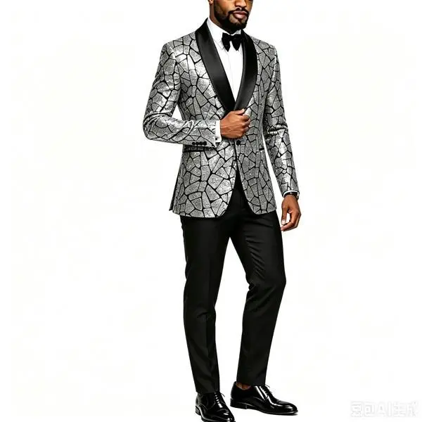 Men Shiny Iridescent Crack Geometric Sequin Blazer Black Satin Lapel One Button Tuxedo Jacket Nightclub Wedding Stage Prom Party Suit Coat Longsleeves Formal Wear