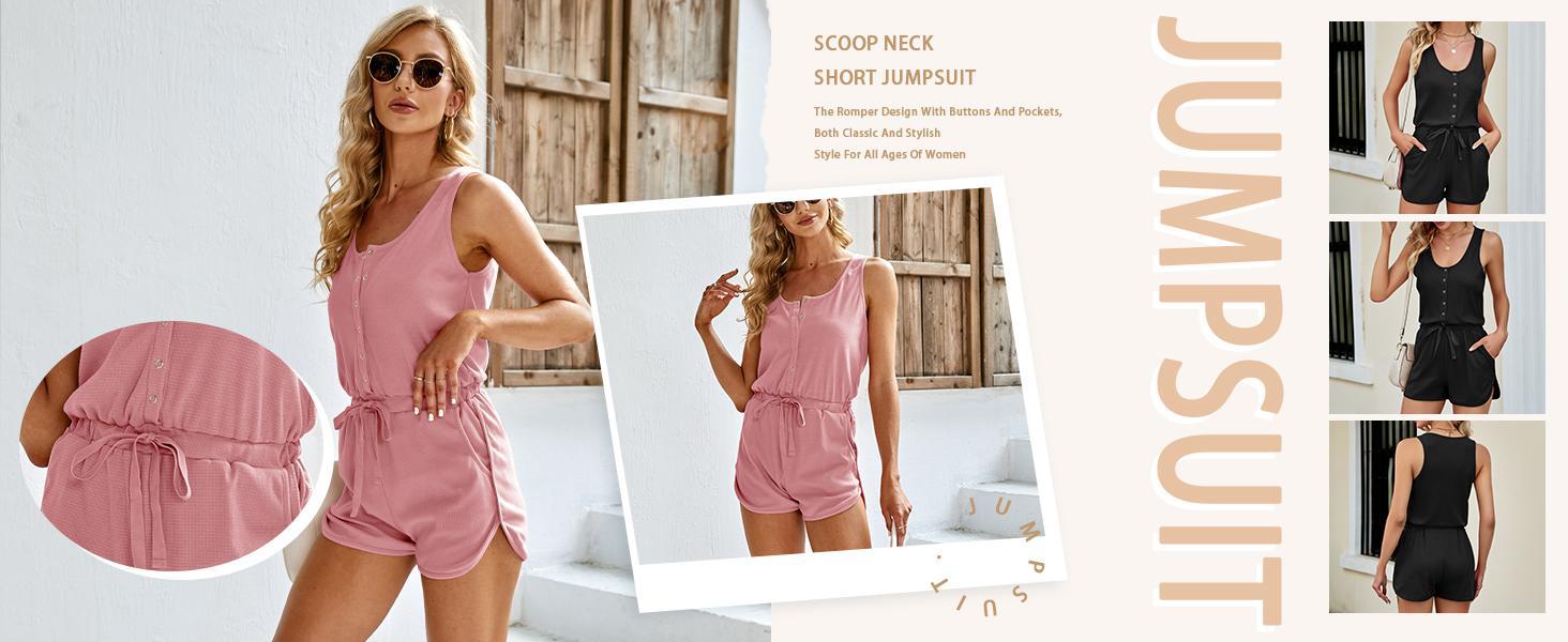 Imily Bela Women's Summer Scoop Neck Sleeveless Button Down Tank Top Rompers Elastic Waist Shorts Outfits with Pockets SpringStatements