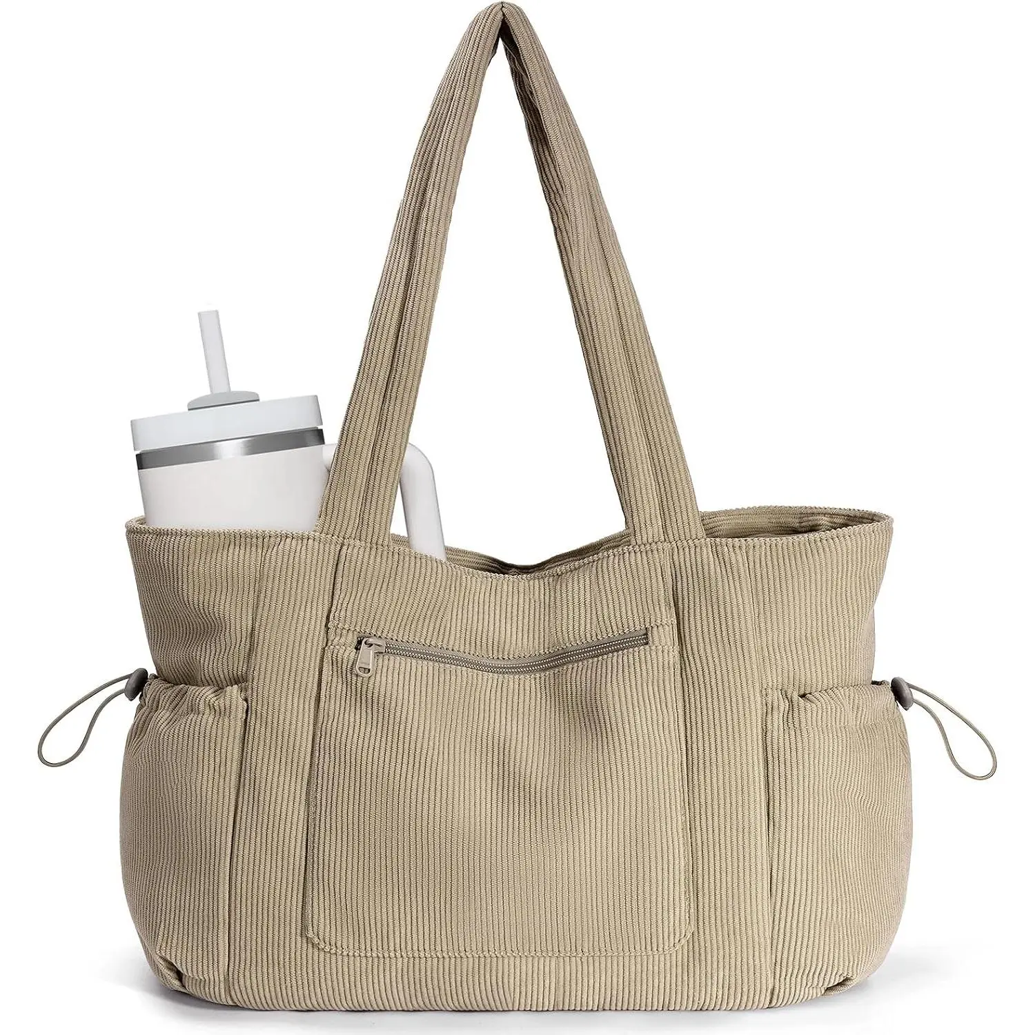 Oversize Work Tote Bag for Women with 40oz Cup Holder Corduroy Laptop Tote Teacher Nurse Bag for Office College Travel