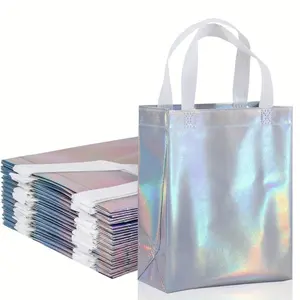 10-pack rainbow holographic gift bags (with handles) |       Reusable medium-sized party and birthday tote bag, measuring 8" x 4" x 10", perfect for back-to-school season, Valentine's Day, Mother's Day, and graduation ceremonies.