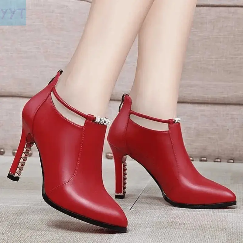 YYT1 Women's Pointed Toe Ankle Boots, Red Ultrahigh Stiletto Heels with Back Zipper, Casual Wear Fashion Comfortable Autumn Winter Elegant Sports & Outdoor Footwear