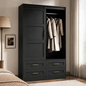 ARCH Tall Bedroom Armoire Wardrobe Closet Storage Cabinet with Hanging Rod Barn Door 4 Drawers Open Shelves Black Particle Board 20.47x47.24x70.86 Inches for Bedroom Hallway Living Room, Black Color Options, Particle Board Material