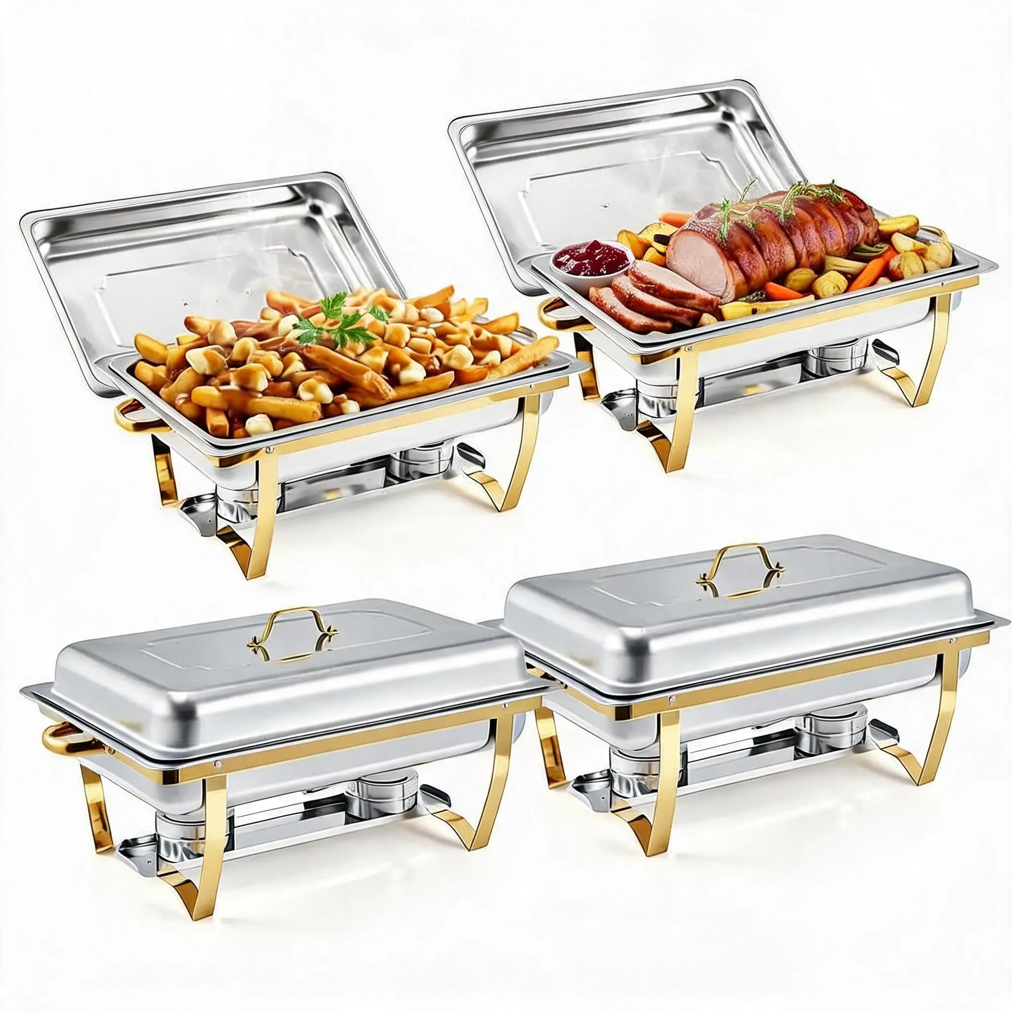 GARVEE 4-Piece Set of 8L Rectangular Buffet Trays in Gold Stainless Steel with Lids and Foldable Stands, Ideal for Catering, Parties, Weddings, and Restaurants