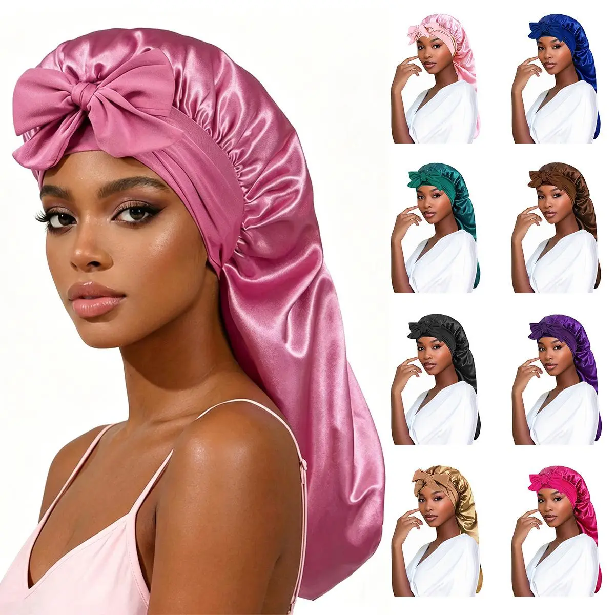 New Bow Long Tail Ribbon Satin Sleep Bonnet, High Elastic Extra Large Hair Care Cap for Women, Soft Stretchy Long Tube Night Sleep Hat for Curly, Long Hair & Big Head Size