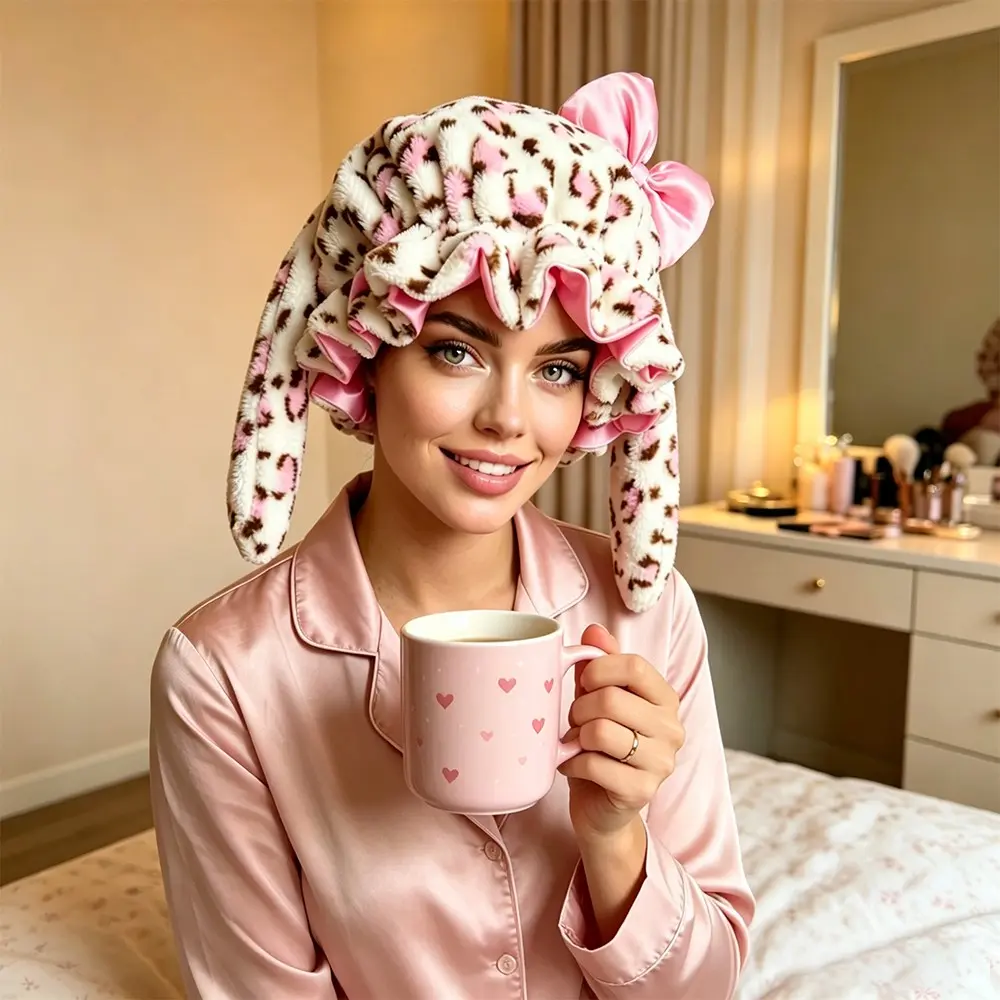 Ultra Soft Plush Satin-Lined Sleep Bonnet for Women, Leopard Print Overnight Hair Cap, Adjustable Fit, Anti-Frizz Hair Wrap, Cute Bow Night Cap, Sleeping Bonnet, Haircare