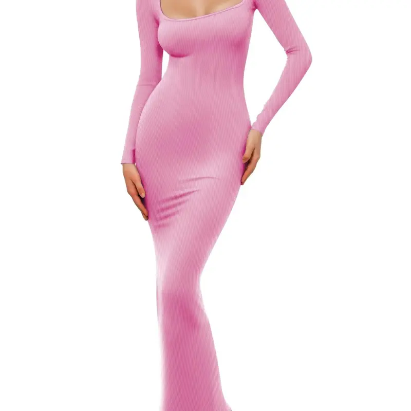 Women's Square Neck Ribbed Bodycon Dress | Long Sleeve | Slim Fit | Maxi Length