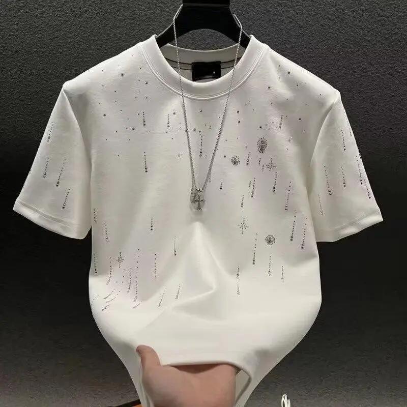 Summer Short Sleeve Men's Top Heavy Craft Light Luxury High-end Meteor Full Diamond T-shirt Men's Round Neck Half Sleeve T-shirt Fabric Menswear Crewneck Shortsleeve Seamless Spandex Stylish Tshirt Streetwear Casual.