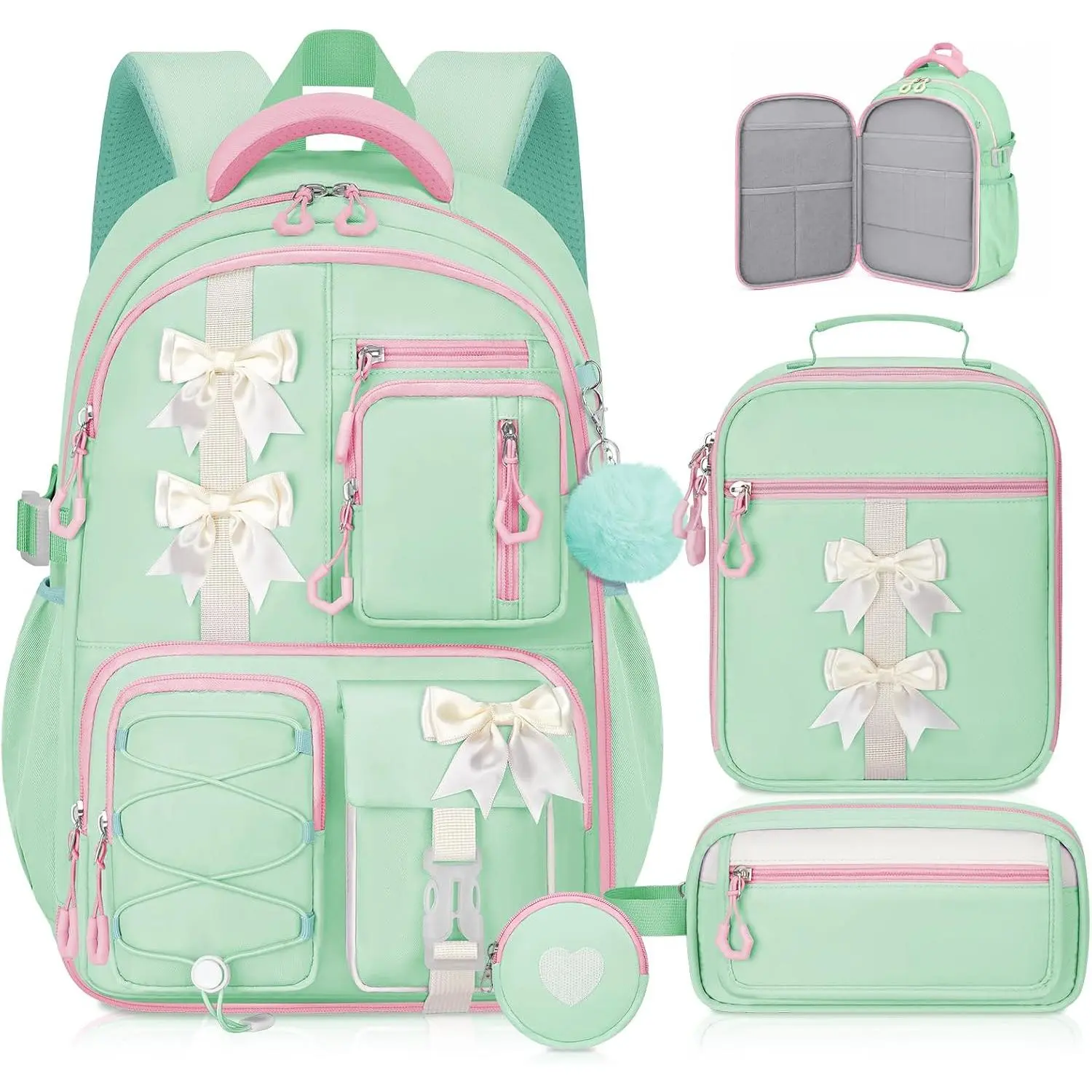 Girls Backpack with Lunch Box Set, 4 count Green Cute Kawaii School Bookbag | Elementary Girls Backpack, Aesthetic Large Laptop Backpack for  & Teens