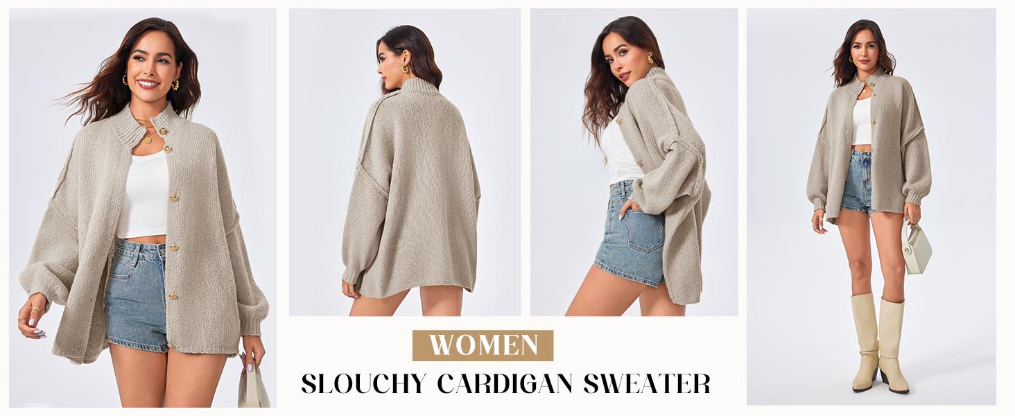 Saodimallsu Womens Oversized Cardigans Long Lantern Sleeve Button Down Chunky Knit Loose Fall Sweater Coats