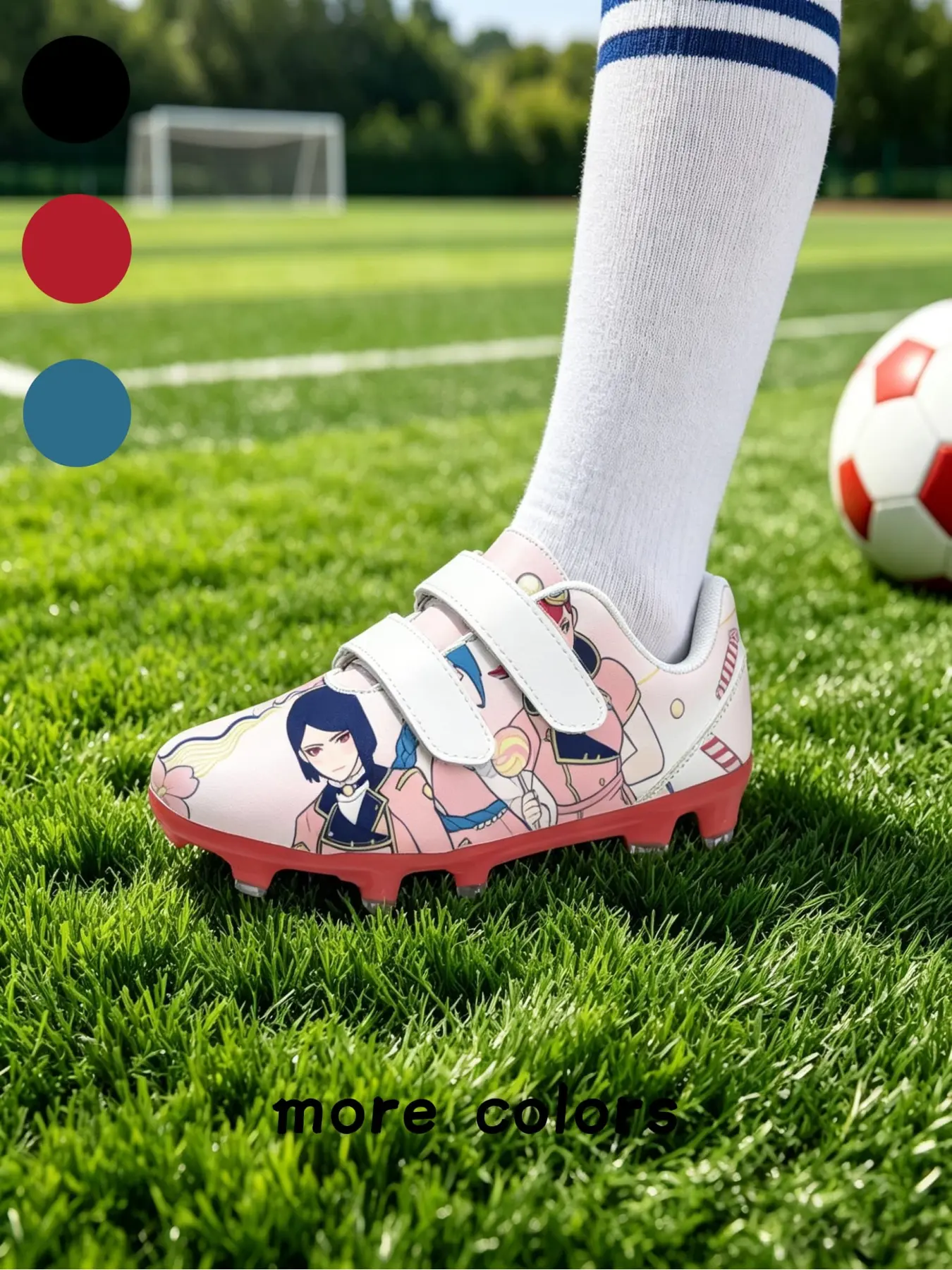 1 Pair Kids Triple Velcro Football Cleats With Light Pink Base Print Of Multiple Uniform Cartoon Girls, Soft Sweet Japanese Anime Sports Style, Non-slip Red Stud Sole & Wear-resistant Upper, Soccer Shoes For Girls Grass Training & School Competitions