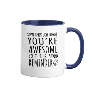 Minimalist Inspirational Blue Inner Glossy Mug, "Sometimes You Forget You’re Awesome" Motivational Word Print With Tiny Lightbulb, Great Casual Gift For Teenagers And Adults Practicing Self Positivity