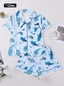 Women's 2-Piece Pajama Set, Shark Print Short Sleeve Shirt & Elastic Shorts, Elegant Fitted Sleepwear for All Seasons, Comfortable Home