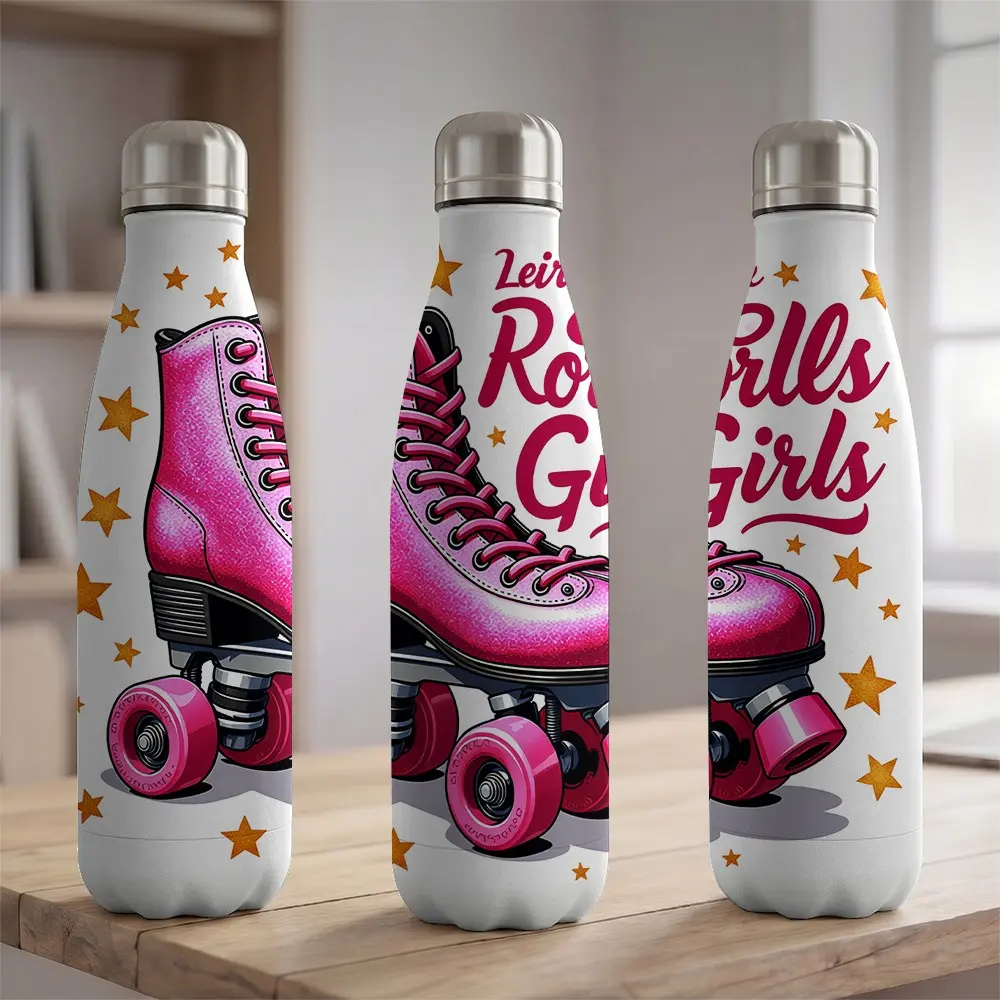 1pc 17oz Stainless Steel Water Bottle 500ml Vacuum Insulated Flask Double Wall Sport Bottle Retro Roller Skate Pattern Pink Glitter Skates Design Portable Travel Mug Fits Car Cup Holder Gym Yoga Outdoor Activity Gift