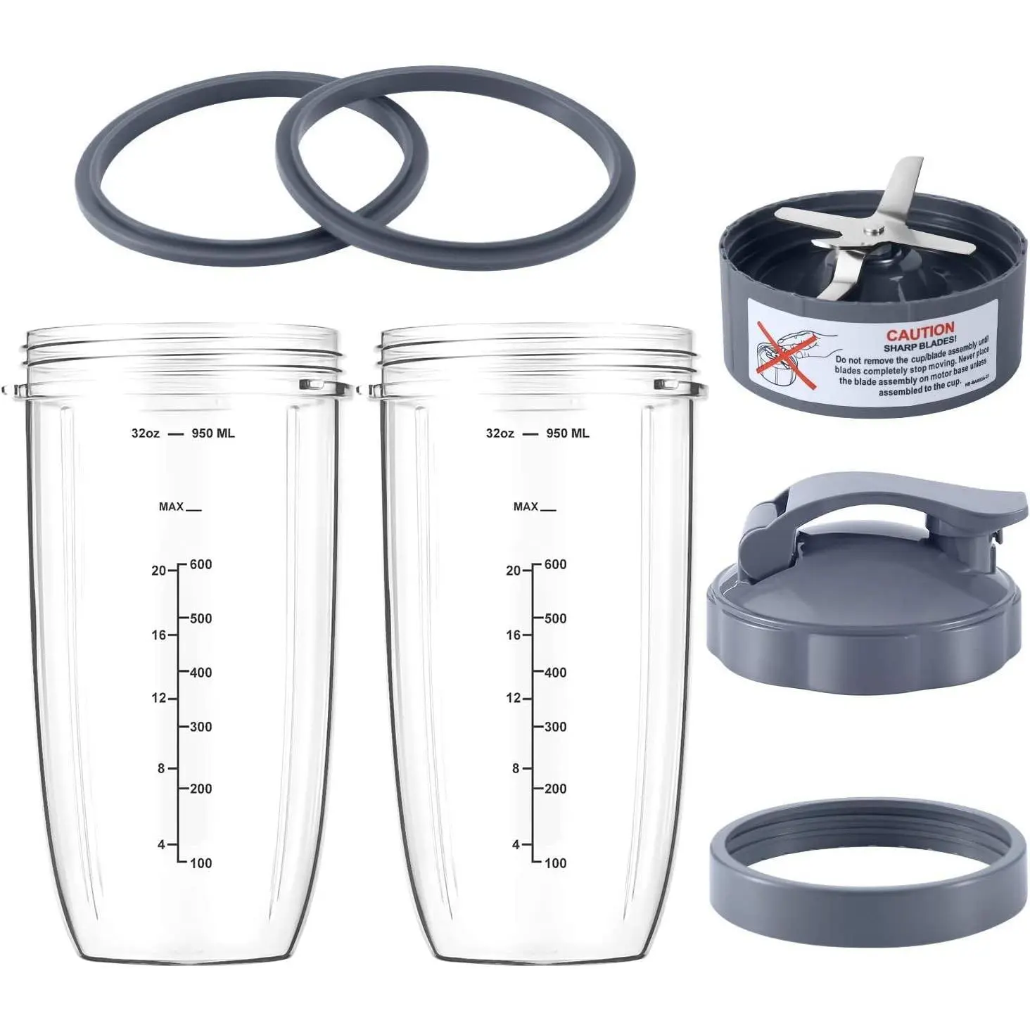 7-Piece Blender Cup & Blade Replacement Set - 32oz Large Blending Cup, 1 Flip-Top To-Go Lid, 1 Lid Ring, Premium Extractor Blade for 600w/900w Blenders, Gift for Cooking Enthusiasts, Blending Cups