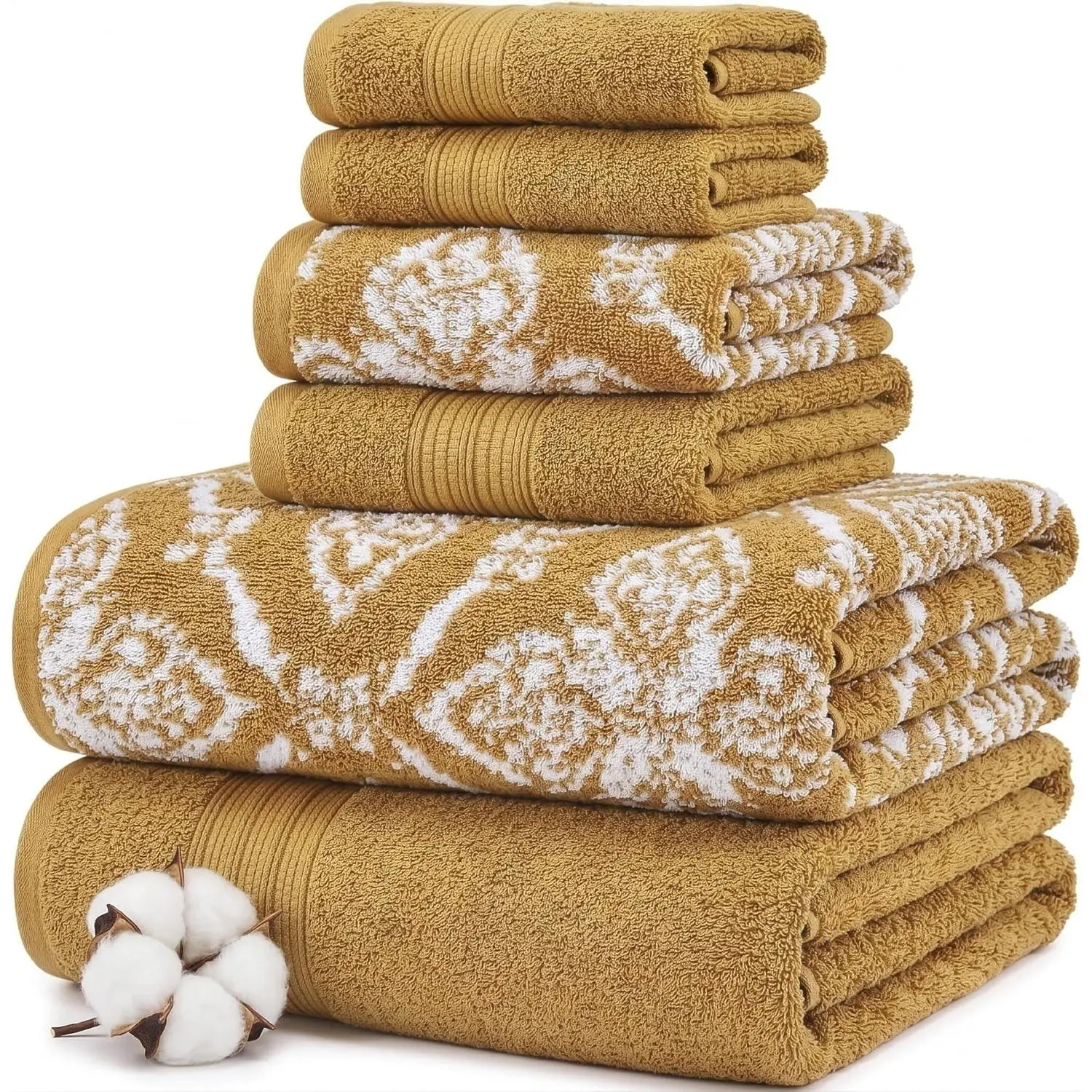 Amaris 6-Piece Reversible Yarn Dyed Jacquard Towel Set - Bath Towels, Hand Towels, & Washcloths - Super Absorbent & Quick Dry - 100% Combed Cotton, Gold