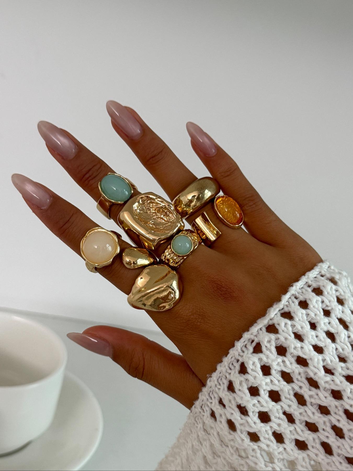 7 Pieces Women's Vintage Fashion Geometric Design Ring Set, Bold Metal Rings, Perfect for Daily Wear & Party, Jewelry Gifts