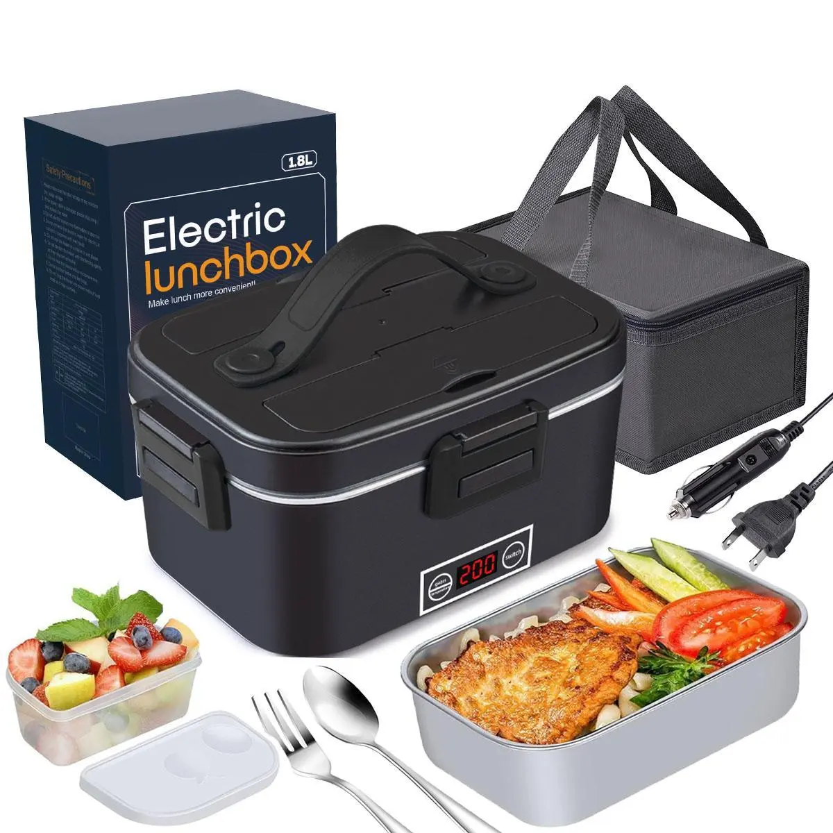Nifogo 80W Electric Portable Lunch Warmer - 1.8L Stainless Steel Leak-Proof Meal Prep Reusable Lunch Box, Square Black, Display Screen, 110V-12V-24V for Business, Home, Car-Truck