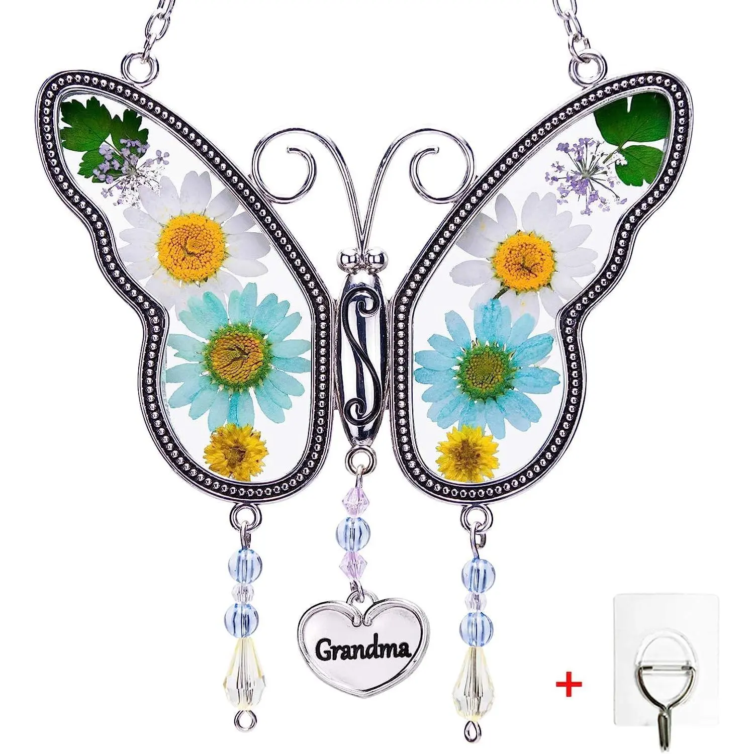 Mother's Day Suncatcher Butterfly with Pressed Flower  Free Hook,Butterfly-Shaped Glass Wind Chimes with Real ,Birthday for Grandma (Blue&White, Grandma)