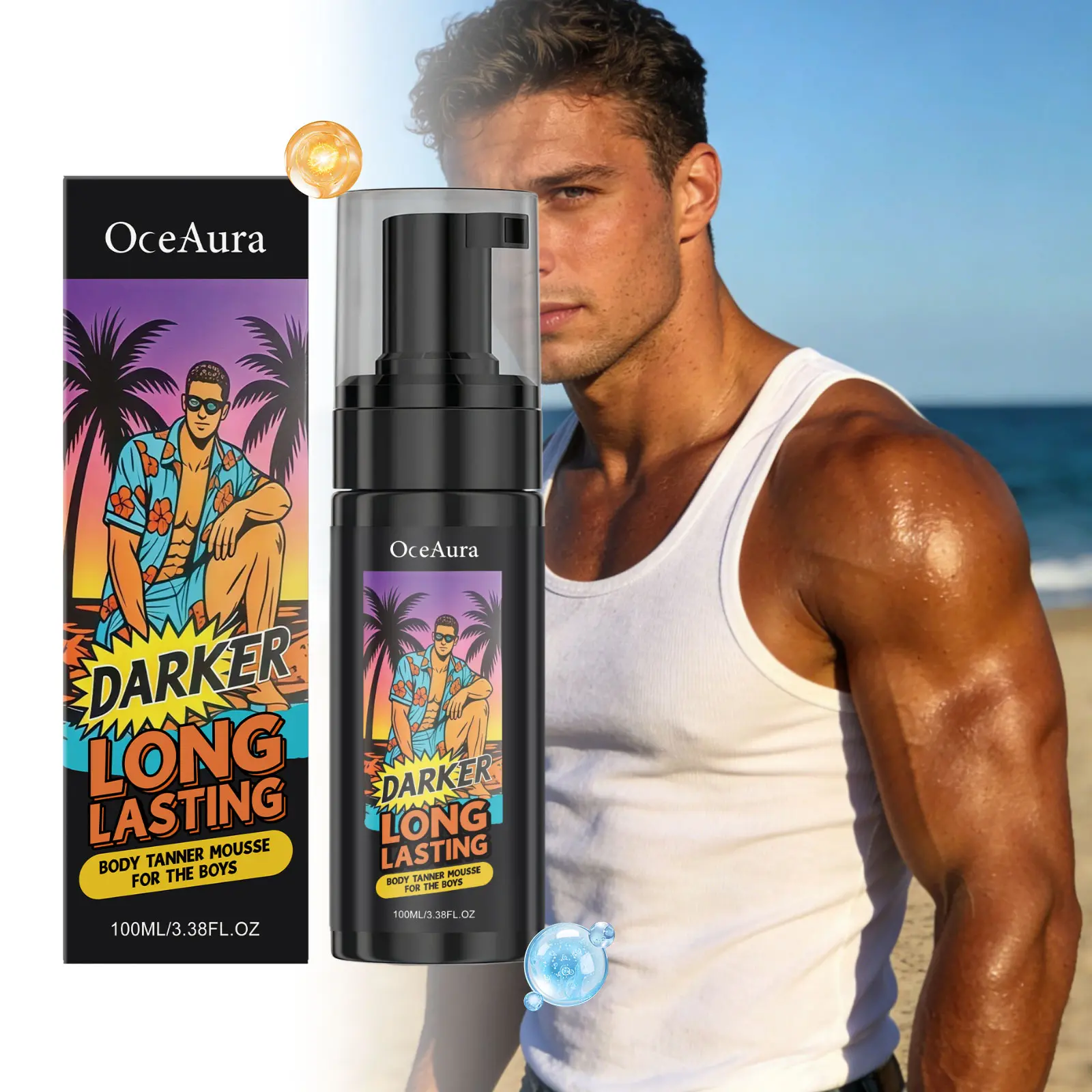 OceAura Men's Self-Tanning Mousse - 100ml Glycerin Mix Leave-On Formula for Male Skin, Summer Outdoor Use, Deep Tan Bronze Wheat Finish, Refreshing Non-Greasy, Quick Film-Forming, Non-Staining, Skin Barrier Enhancing