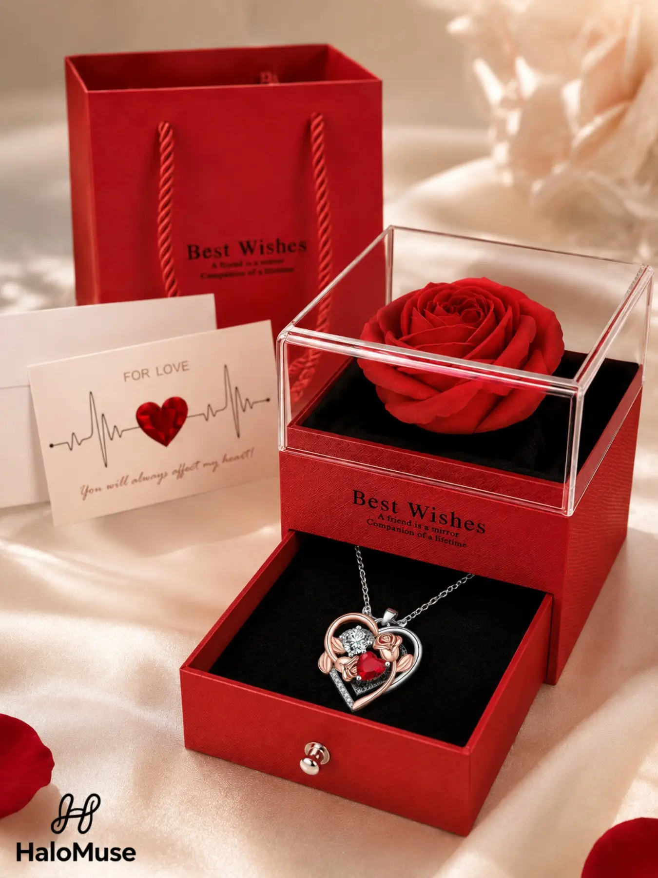 Halo Muse 1 Set Rose Heart Necklace Gift Box, Romantic Two-Tone Heart and Rose Crystal Pendant with Red Preserved Rose Drawer Box and Card, Birthday Anniversary Valentine’s Gift for Her