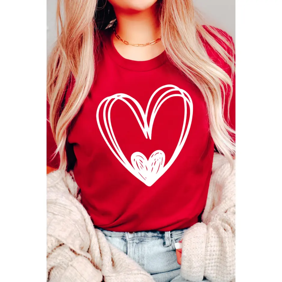 Dear-Lover Women's Red Hand-Drawn Heart Shape Cotton Crew Neck Loose Fit Valentine's Day Fashion T-Shirt, Women's Clothes