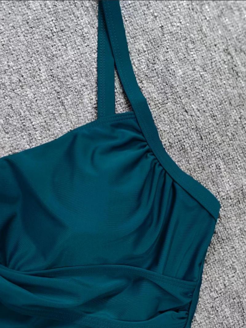 Plus Size Solid Ruched Drawstring Tankini Set, Tankini With Shorts, Criss Cross Swim Top & High Waist Swim Shorts, Bathing Suits for Women Summer, Curve Tummy Control Swimwear 2024