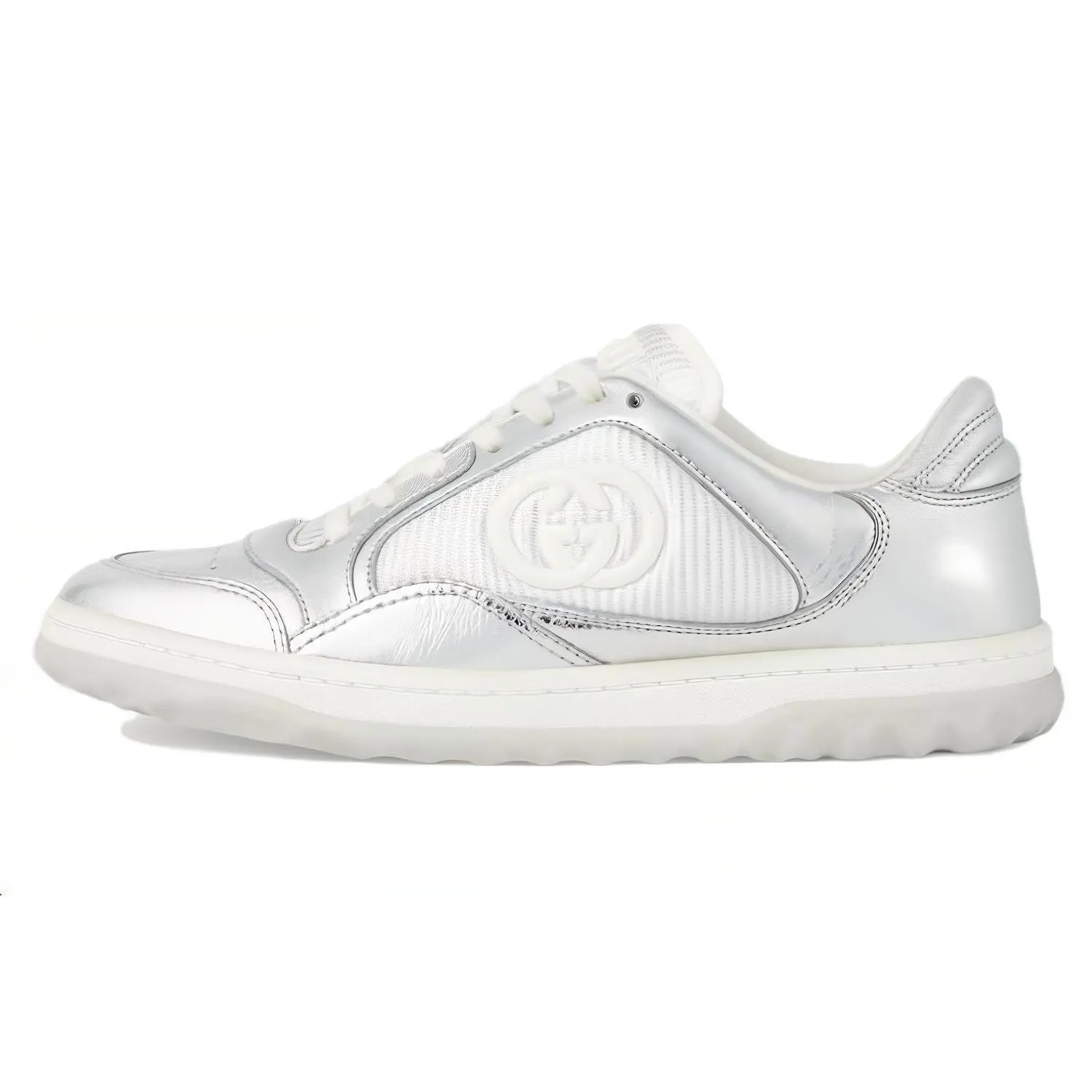 Gucci MAC80 Leather Low-Top Lace-Up Flat Fashion Sneakers for Women in Silver Verifiable, with credentials and supporting global authentication
