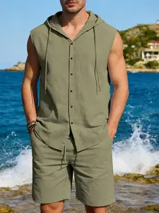 Summer Trendy American Style Loose Linen Casual Hooded Sleeveless Shirt Shorts Set, Comfortable Two-Piece for Men