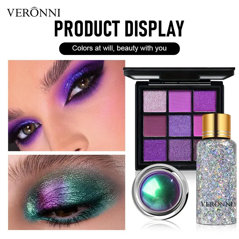 3-Piece Eyeshadow Makeup Set, 9-Color Palette with Glitter, Long-Lasting, Perfect for Daily, Party, Cosplay, Professional Use