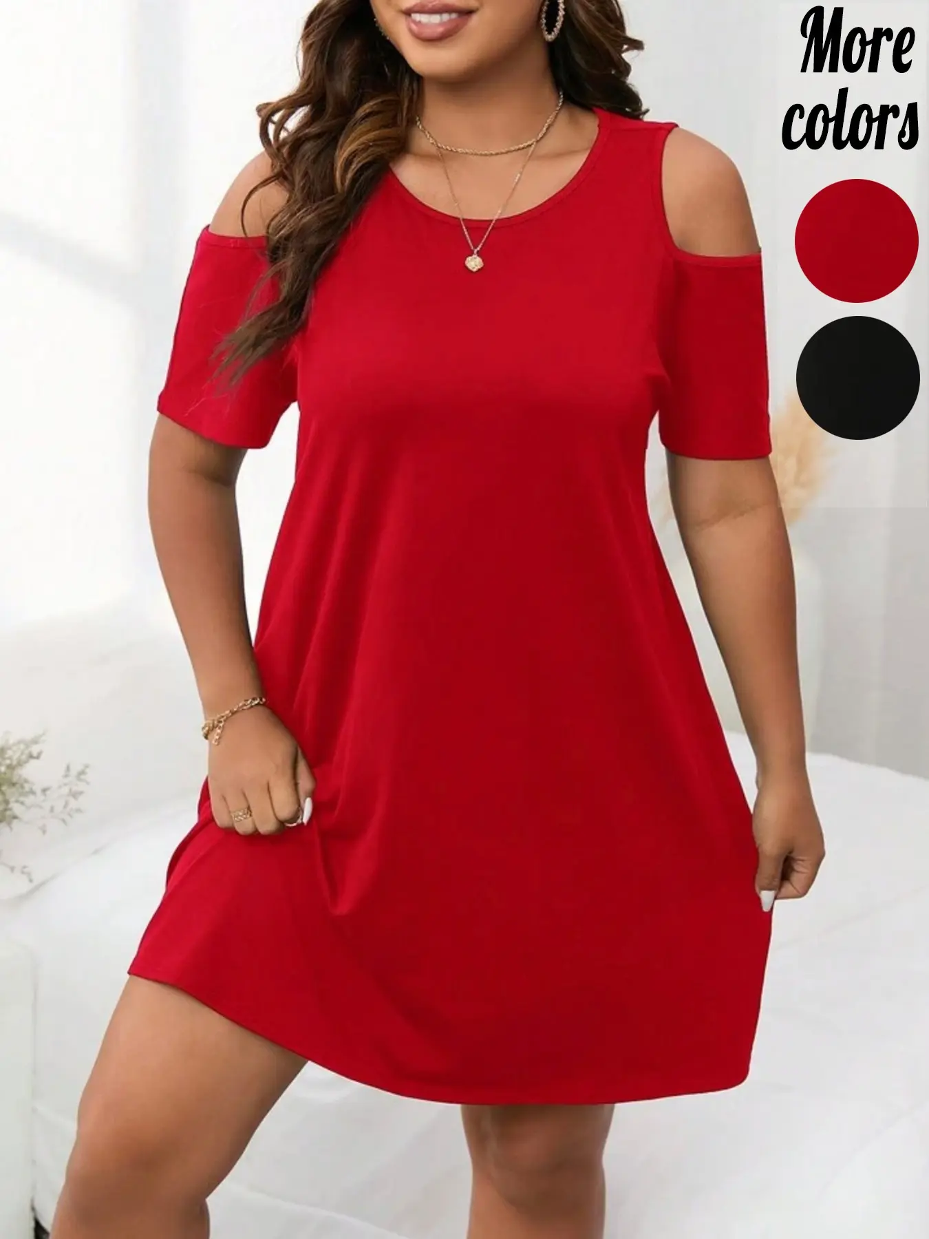 Women's Plus-Size Cold-Shoulder Short Sleeve Loose Swing T-Shirt Mini Dress, Summer Dresses, Casual, Sexy, Summer Streetwear Style, Soft Breathable Fabric & Flowy Silhouette, for Curvy Women, Perfect for Brunch Dates, Daily Errands & Beach Vacations