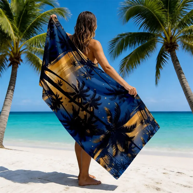 Tropical Palm Sunset Beach Towel, Deep Blue and Golden Coconut Tree Design, Absorbent with Easy Shake-Off Sand and Vacation Vibes, for Beach, Pool and Summer Travel
