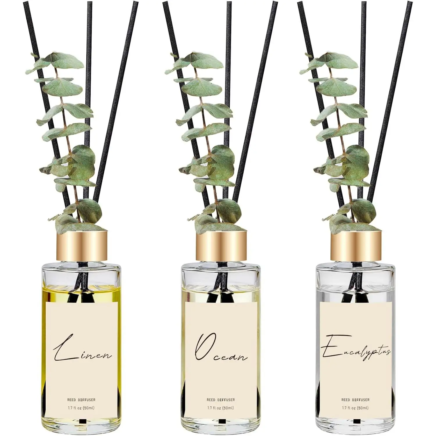 Reed Diffuser Set of 3, Eucalyptus, Linen & Ocean Scented Oil Diffusers with 15 Reeds, Long-Lasting Home Fragrance for Bedroom & Bathroom Decor, 1.7 fl oz Each, Total 5.1 oz