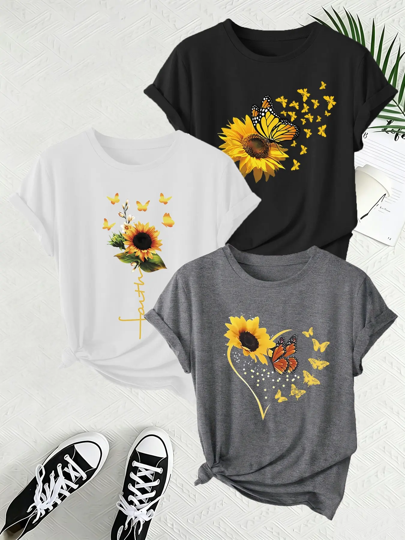 3-Pack Sunflower Print Short Sleeve T-Shirts, Women's Casual Slim-Fit Round Neck Tops, Comfortable Daily Wear