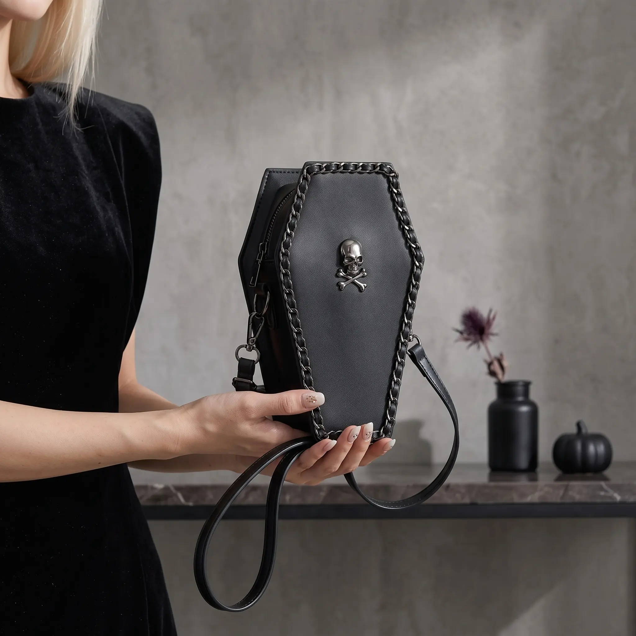 Women's Gothic Black PU Leather Adjustable Chain Strap Coffin Crossbody Bag - Vertical Shape, PU Exterior, Compact Fit, Zipper Lock, Metal Cross, for Halloween Party Cosplay, Alt Wear