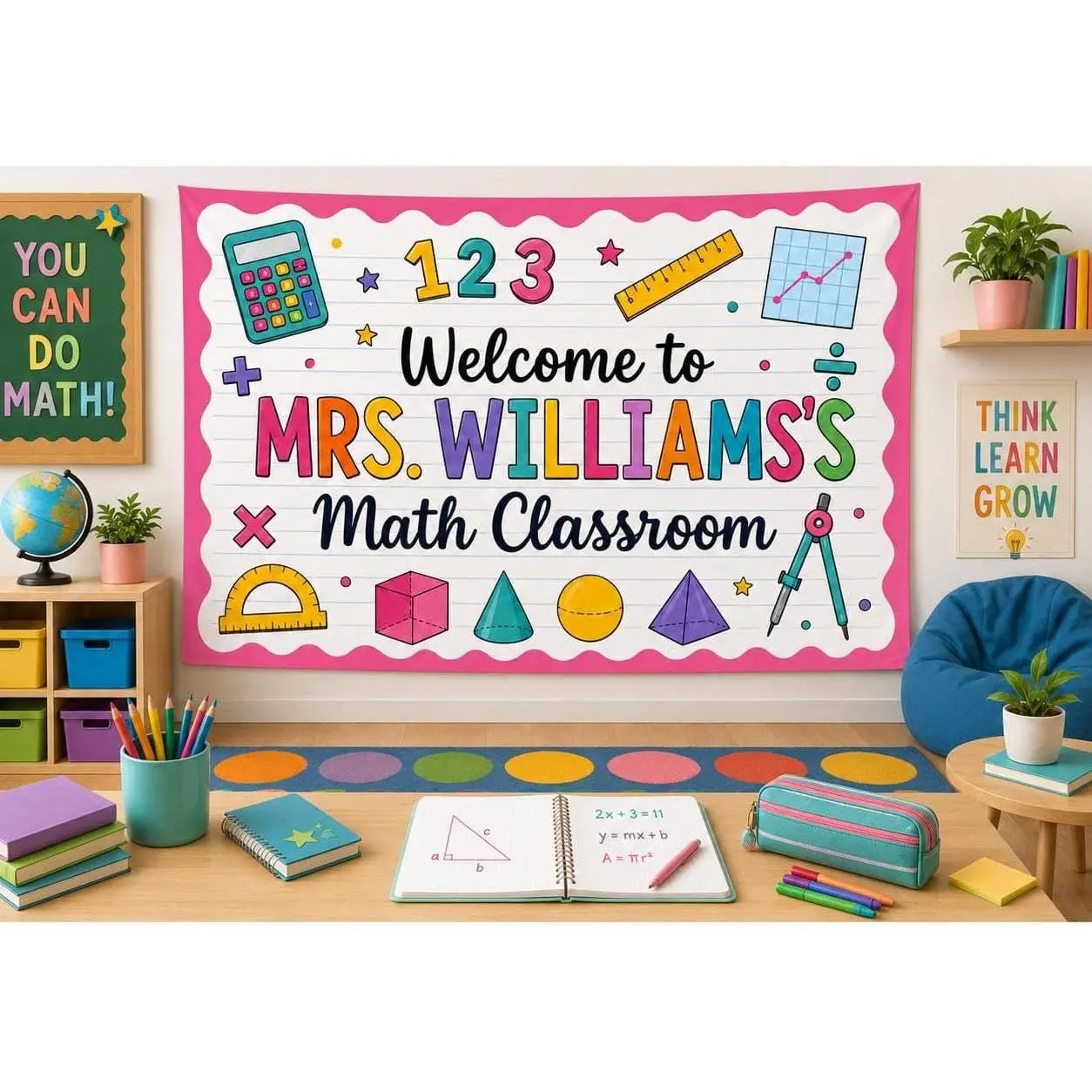 Colorful Pink Math Educational Elementary Teacher Classroom Tapestry
