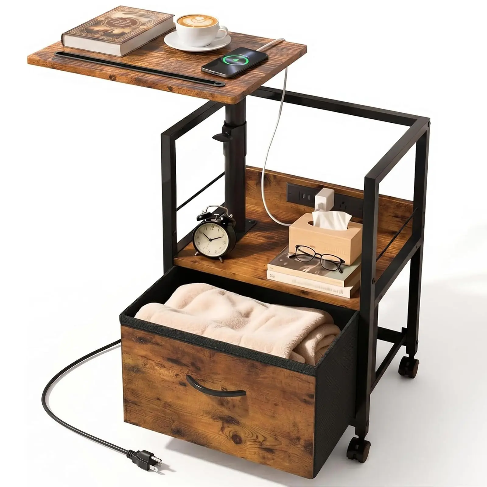 Swivel Lift Top Nightstand with Charging Station, Rolling Side Table for Recliner, Bedside Table with Wheels & a Fabric Drawer, for Small Spaces, for Bedroom, Living Room