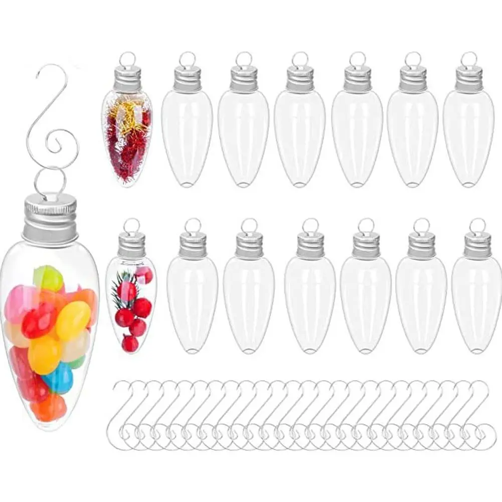 12PCS Clear Plastic Bulb Shape Fillable DIY Hanging Ornaments with Screw Off Cap and Hook for Christmas Trees, Wedding Party, Home Decoration