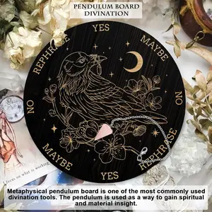 Pendulum Board Set, Wooden Dowsing Divination Board Metaphysical Message Board with Crystal Pendulum Necklace for Witchcraft Wiccan Altar Supplies Kit, Raven & Flower