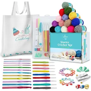 Crochet Kit for Beginners Adults - 73 count -in- Set with YouTube Video Tutorials, 21  Hooks (2.0-8.0mm), 15 Soft  Yarn Skeins, Tote Bag - Knitting & Crochet  Set