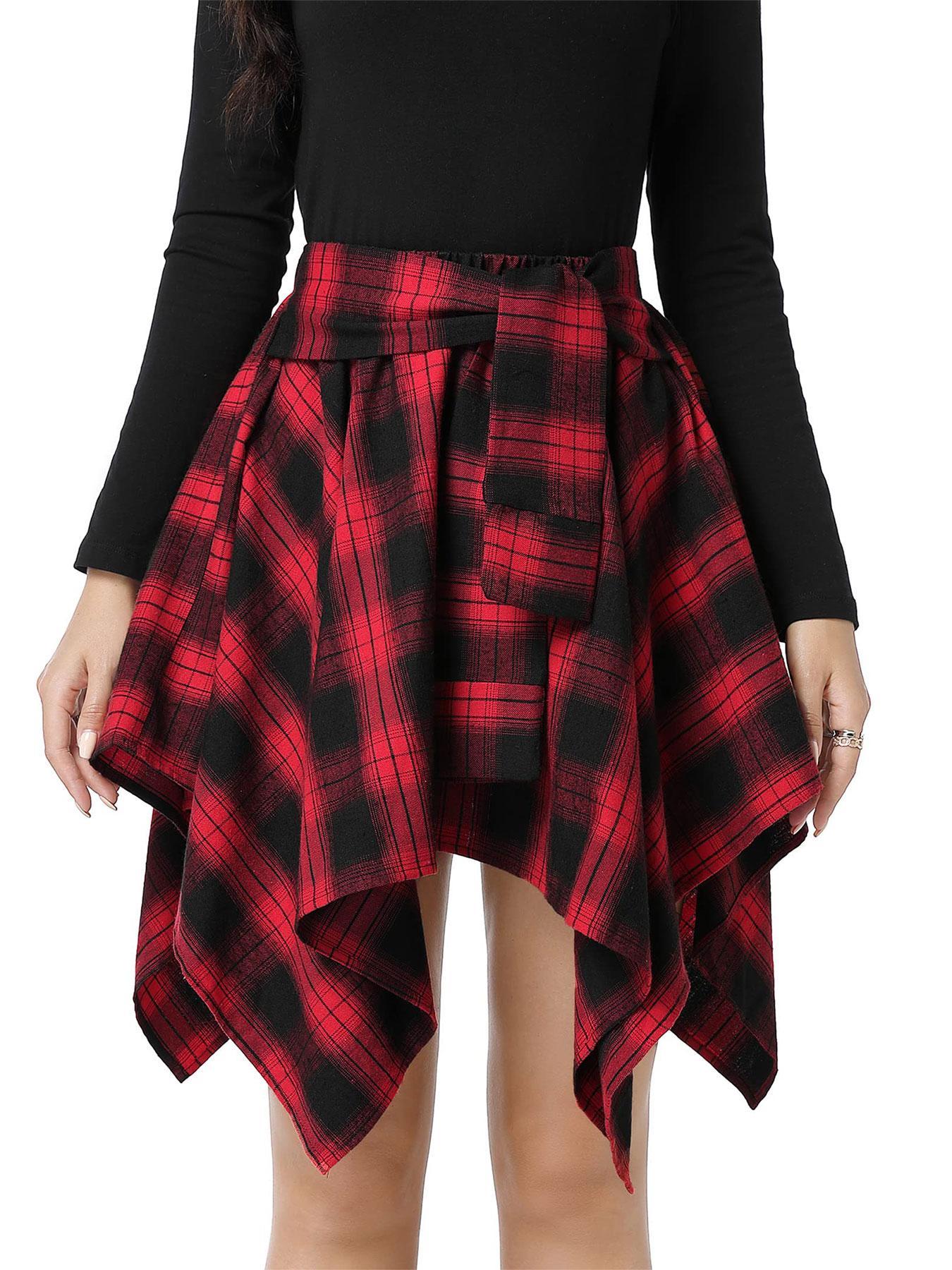 Women's Plaid Print Asymmetrical Hem Short Skirt, Casual Fashion Tie Front A Line Fitted Skirt for Daily Wear, Ladies Summer Clothes Womenswear Bottom Boho Skirt