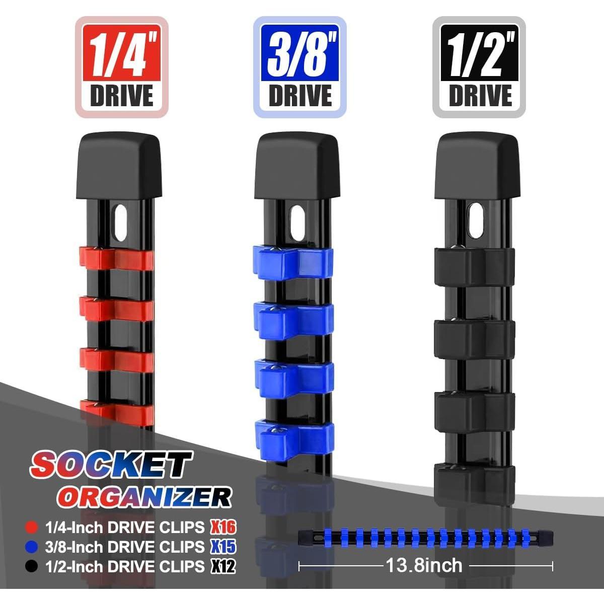 3- Socket Organizer Rail Set,  Holder, Heavy-Duty Rack Kit - 1/4", 3/8", 1/2" Sizes - Ideal for Tool Storage