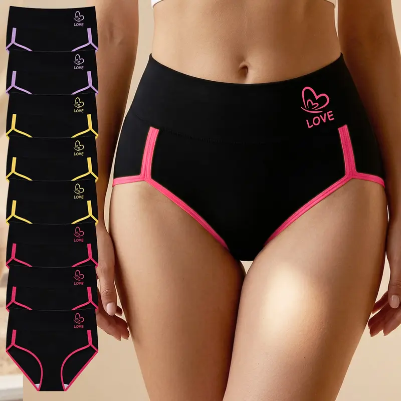 8-Pack Mei Yating Plus Size Brief Panties for Women, Sizes 1XL-5XL, Colorblock Contrast Binding, Soft Breathable Fabric with Love Print, High Waist Underwear
