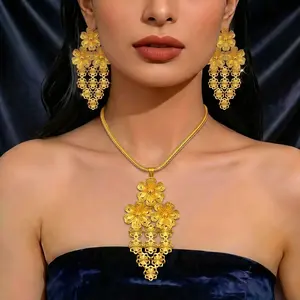 18K Gold Plated Multi-Layer Hollow Floral Filigree Statement Necklace, Large 3D Flower Lace Openwork Bib Pendant Necklace, Luxury Dubai Ethnic Bridal Gold Jewelry For Wedding Anniversary, Party Gift For Women