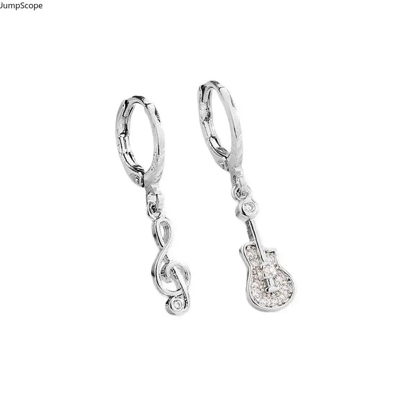 Women's Asymmetric Treble Clef Guitar Huggie Hoop Dangles - 2 Styles Rhinestones Spark Silver Rock Punk Musician Statement Earrings, Tiny CZ Music Note Jewelry, Single Pair Cross-Border Concert Accessories