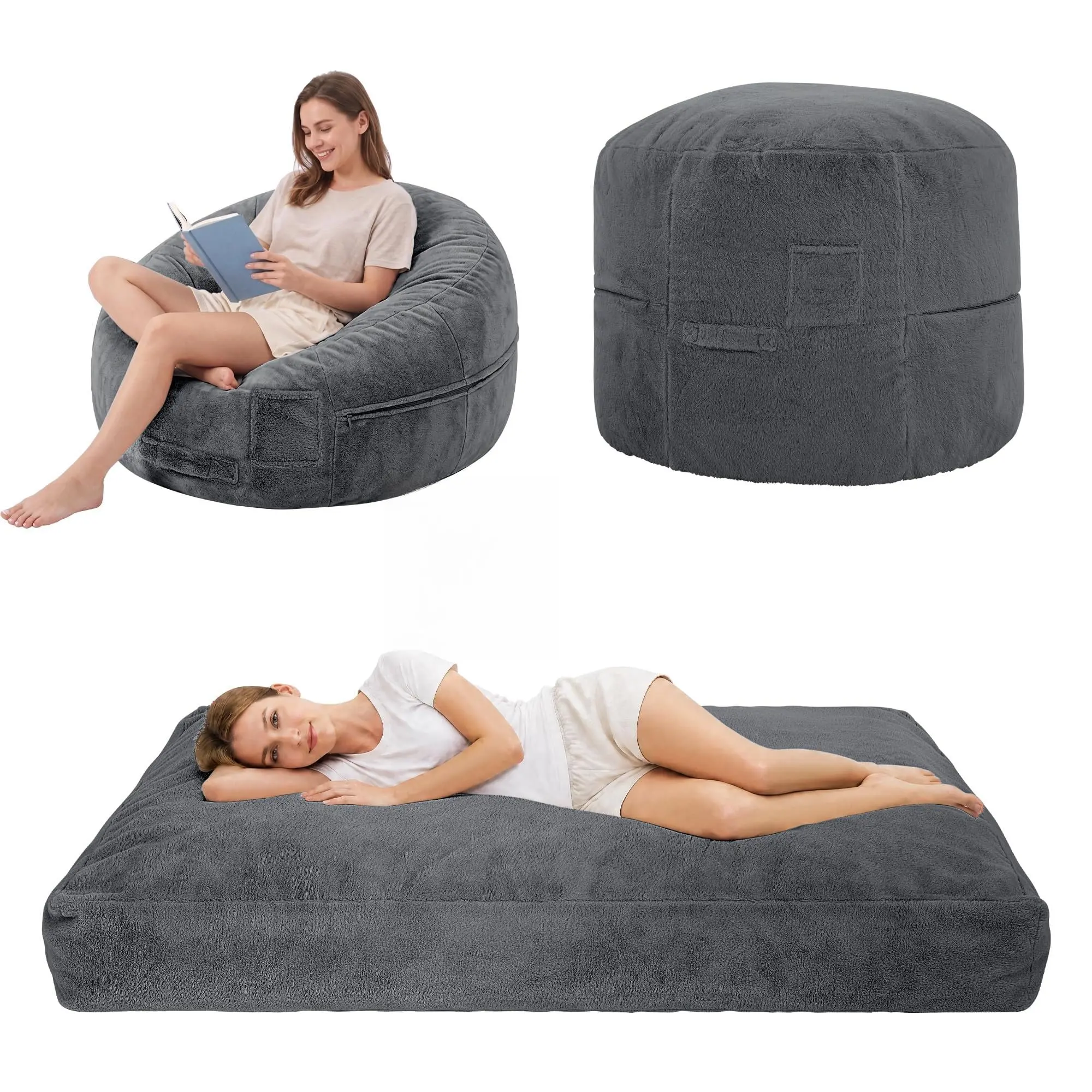 Convertible Bean Bag Chair Bed  – 2-in-1 Sofa Couch That Turns into a Full Size Mattress, Ultra Soft Plush Floor Lounger for Living Room, Dorm, Guest Room