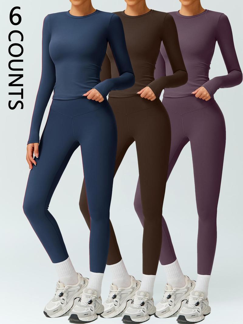 Women's Solid Long-Sleeve Tee & High-Waist Leggings Set, Sporty Round Neck Top & Skinny Pants 2-Piece Set for Gym Workout and Running, Ladies Fall & Winter Sportswear, Sports Fitness Wear