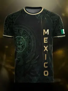 Mexican Aztec Calendar Print Short Sleeve T-Shirt, Unisex Casual Round Neck Top, Summer Breathable Sports Shirt, Ethnic Tribal Design